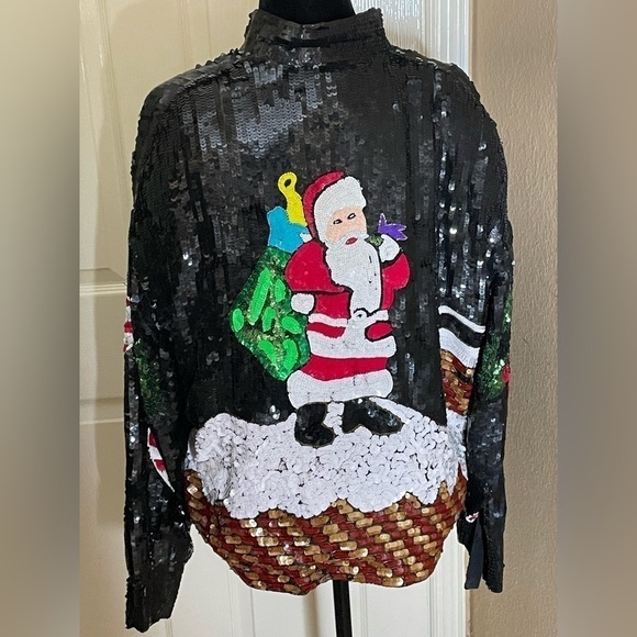 Vintage  Christmas Bomber Jacket Med  Silk Sequined All Over Party​​​​​​​​​​​​​​ - Picture 2 of 11